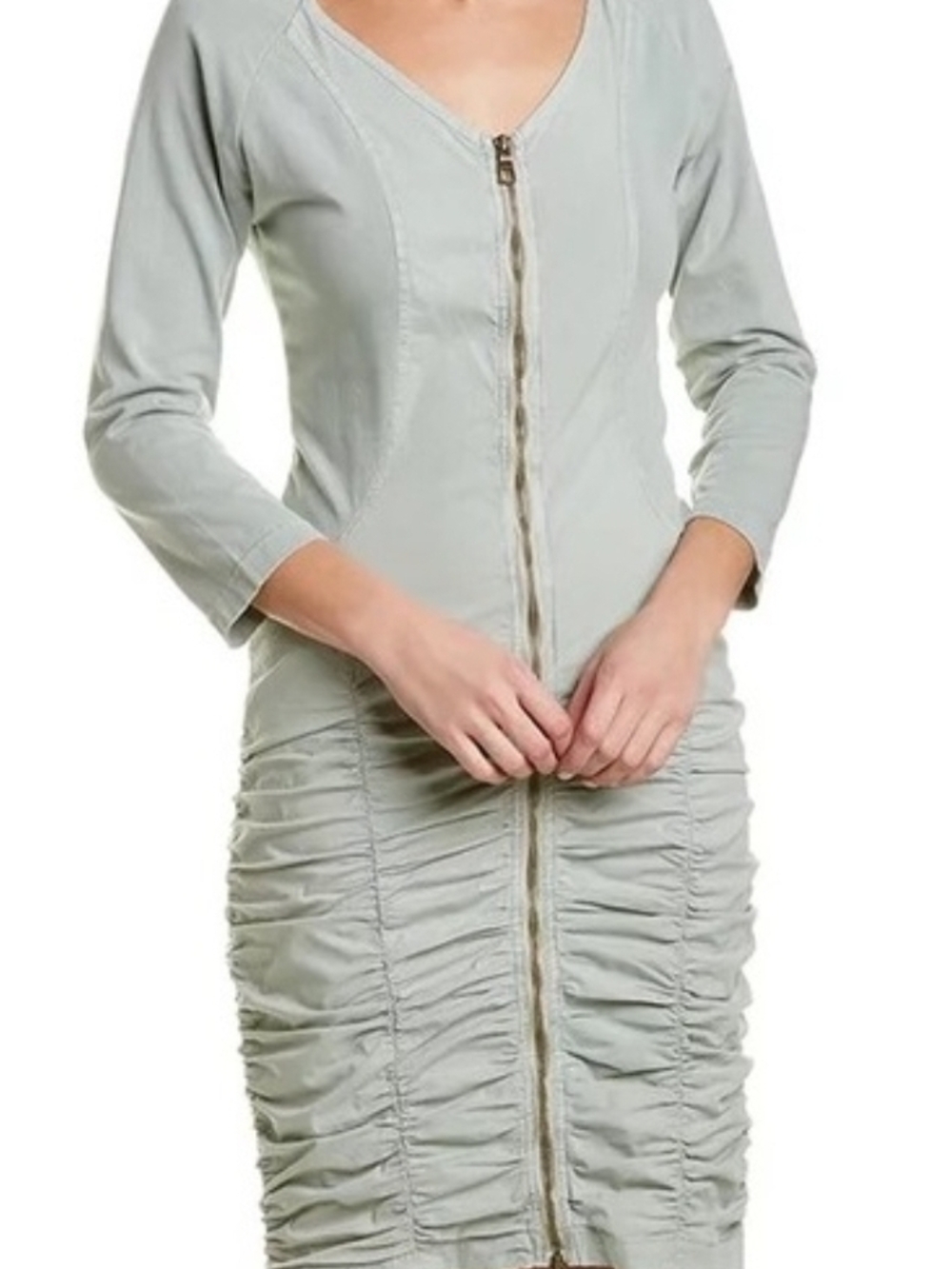 XCVI Light Sage Ruched Zip-Front Long Sleeve Dress